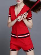 Shein Red V Neck Striped Top With Shorts