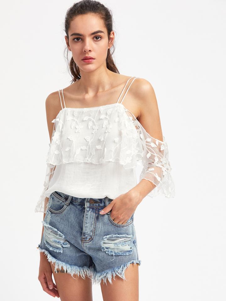 Shein 3d Flower Mesh Layered Cold Shoulder Top