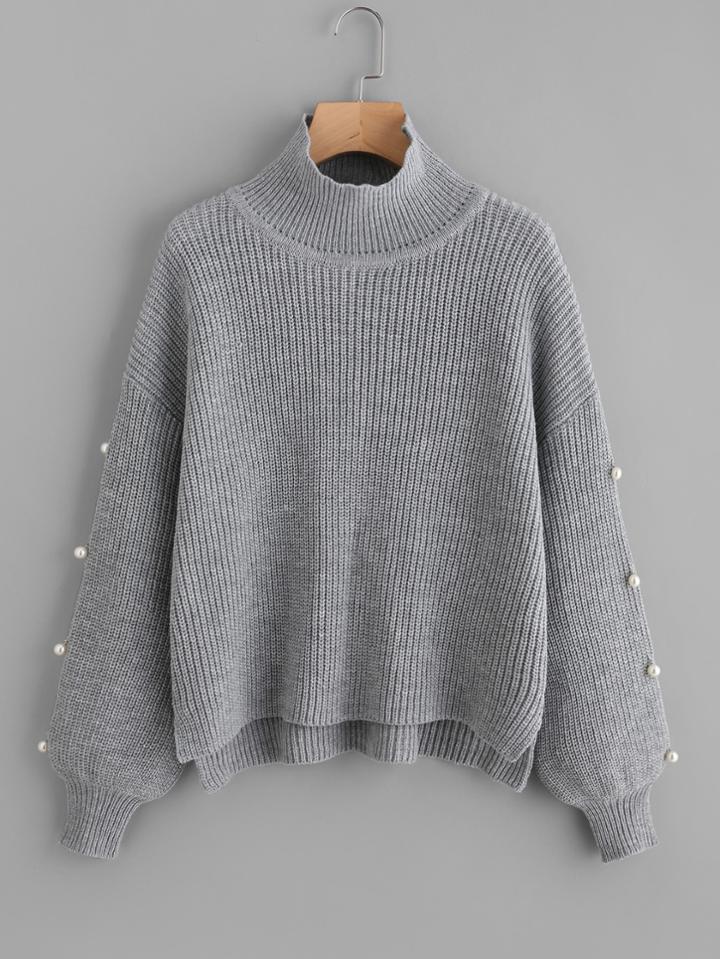 Shein Pearl Embellished Sleeve Stepped Hem Jumper