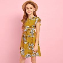 Shein Girls Ruffle Armhole Belted Floral Dress