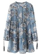 Shein Blue Ruffle Neck Tassel Lantern Sleeve Print Dress
