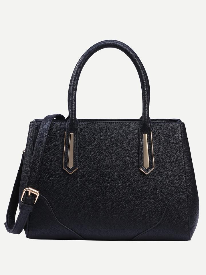 Shein Black Faux Leather Metal Plate Detail Satchel Bag