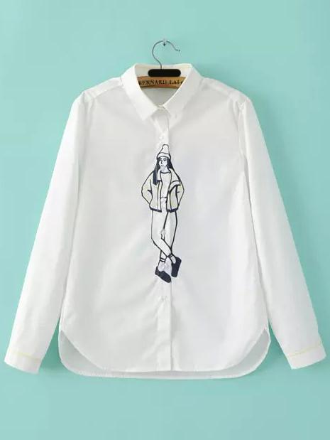Shein White Lapel Long Sleeve Portrait Print Blouse