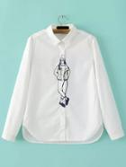 Shein White Lapel Long Sleeve Portrait Print Blouse