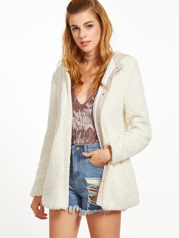 Shein White Button Up Fluffy Fleece Hooded Jacket