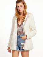 Shein White Button Up Fluffy Fleece Hooded Jacket