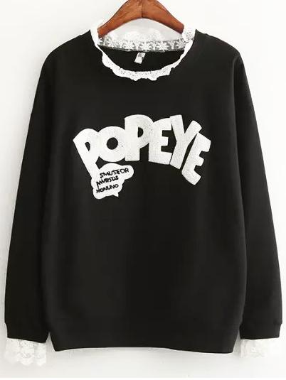 Shein Black Long Sleeve Lace Letters Pattern Sweatshirt