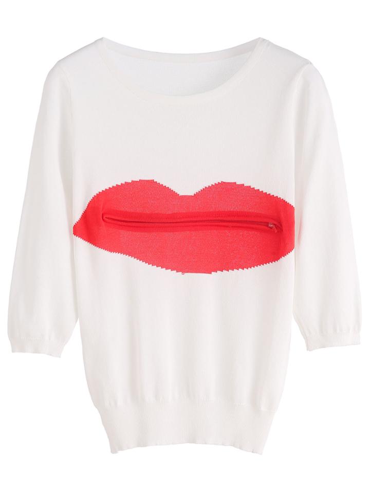 Shein White Lip Print Zipper Trim Jersey Sweater