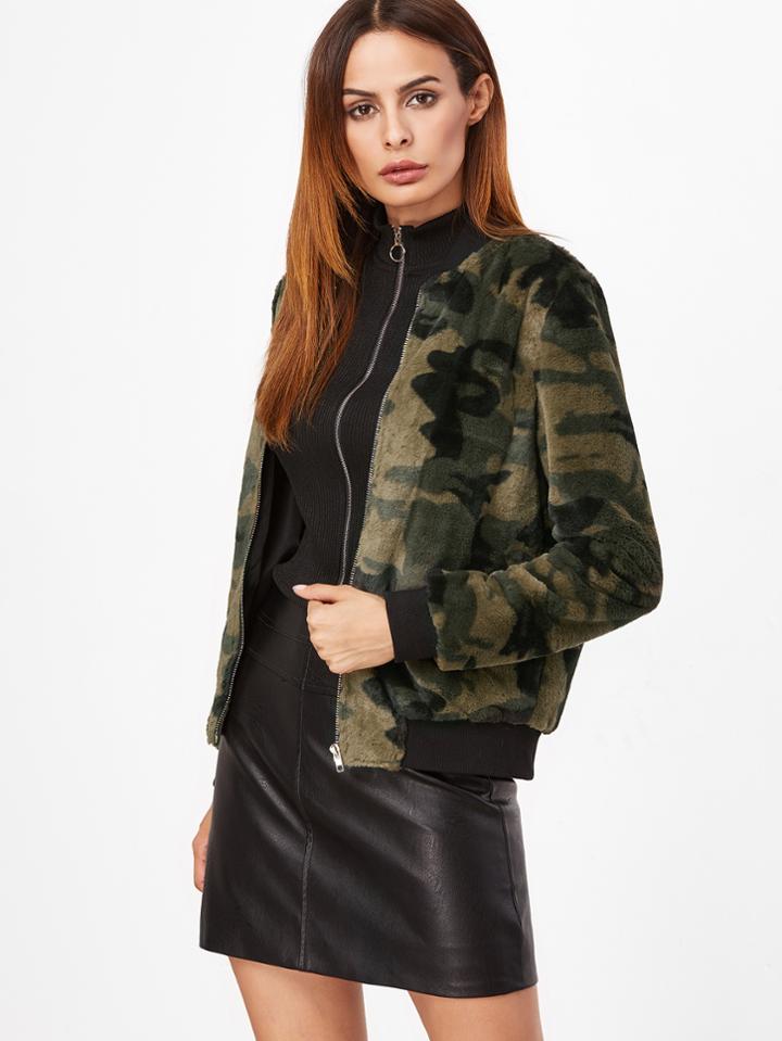 Shein Olive Green Camo Fluffy Fleece Bomber Jacket