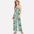Shein Button Front Jungle Leaf Print Wide Leg Cami Jumpsuit