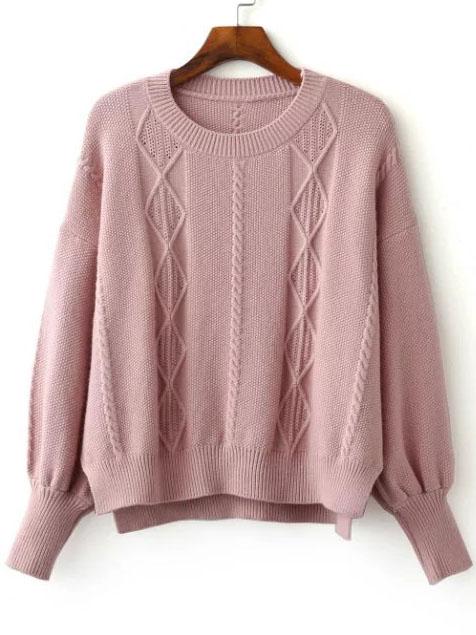 Shein Pink Diamond Pattern Dolman Sleeve Dip Hem Sweater