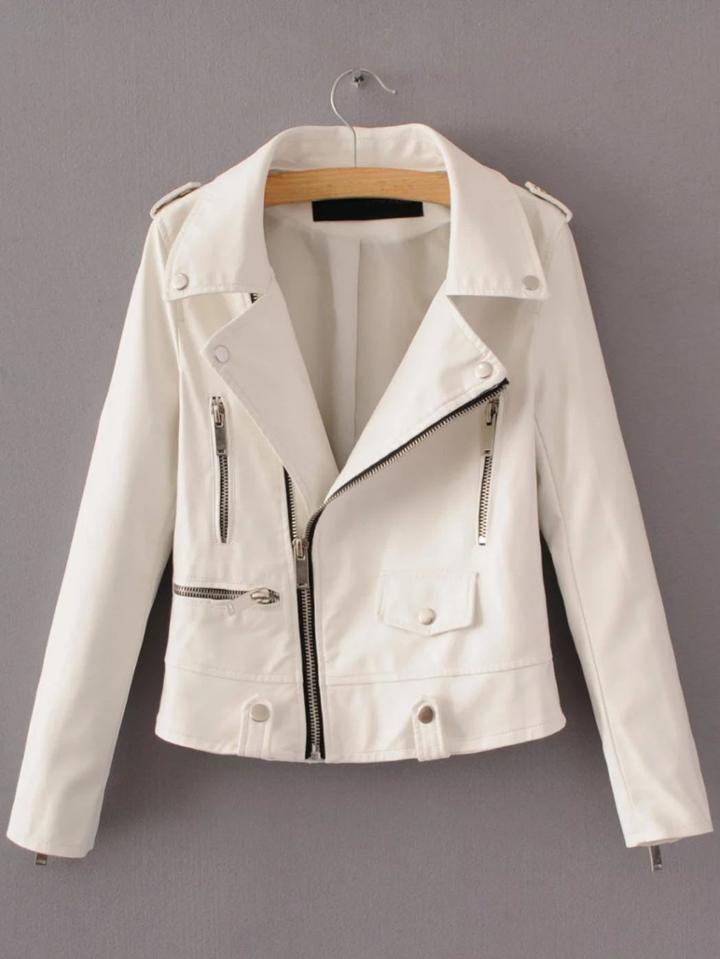 Shein White Oblique Zipper Pu Moto Jacket