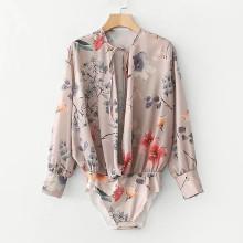 Shein Random Florals Tie Neck Blouse Bodysuit