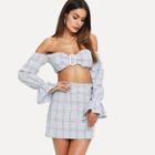 Shein Off Shoulder Fluted Sleeve Checked Top With Skirt