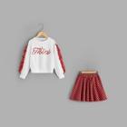 Shein Girls Ruffle Trim Pearl Beading Pullover & Plaid Skirt Set
