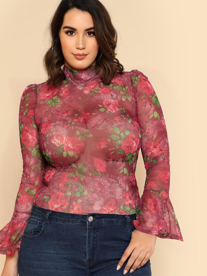 Shein Bell Cuff Rose Print Mesh Top