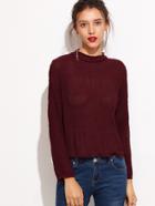 Shein Burgundy Mock Neck Keyhole Back Pleated Chiffon Blouse