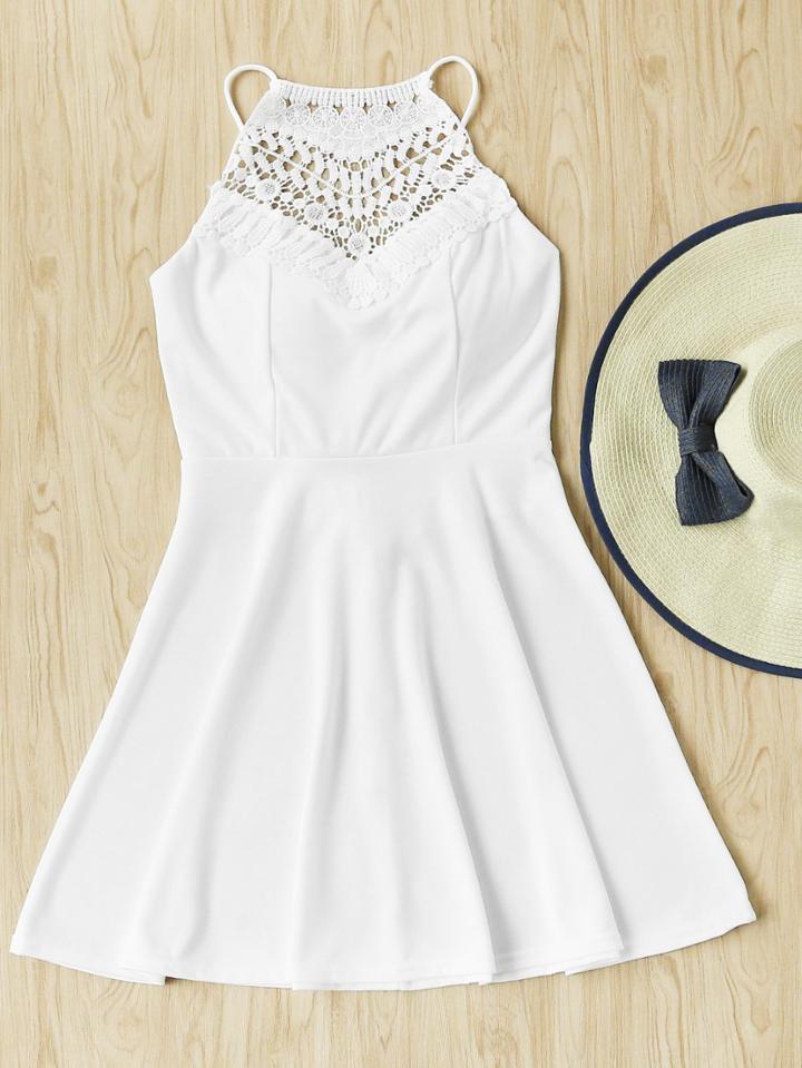 Shein Lace Panel Lace Up Back Flare Dress