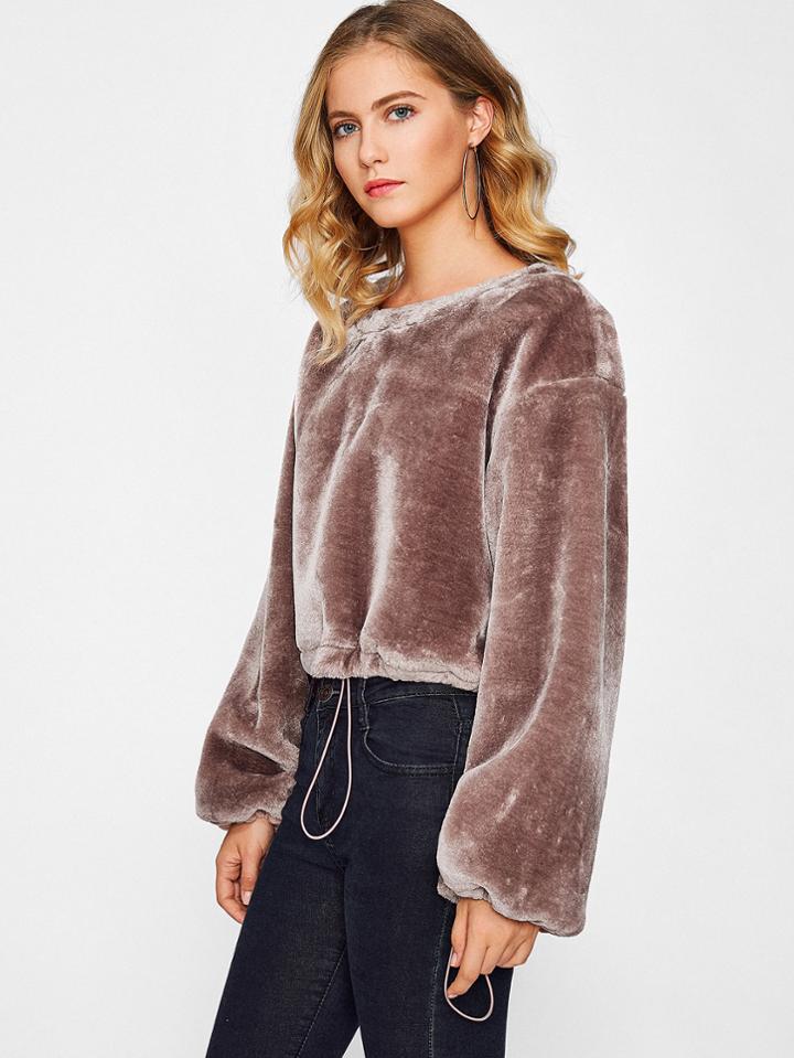 Shein Drawstring Cuff And Hem Faux Fur Crop Sweatshirt