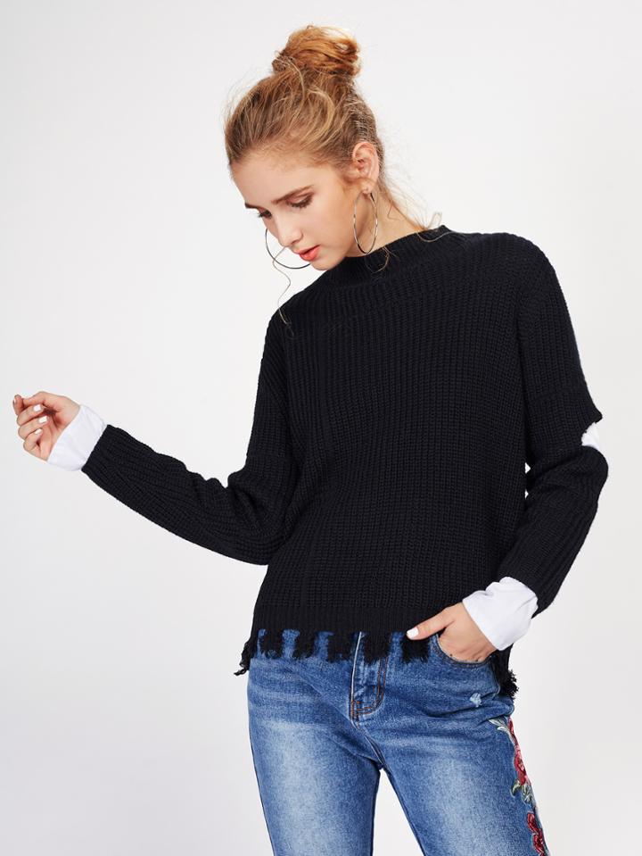 Shein Open Elbow Raw Hem Jumper