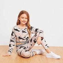Shein Girls Camo Print Striped Top & Pants Set