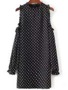 Shein Black Polka Dot Open Shoulder Ruffle Trim Dress