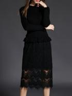 Shein Black Knit Peplum Sheer Lace Combo Dress