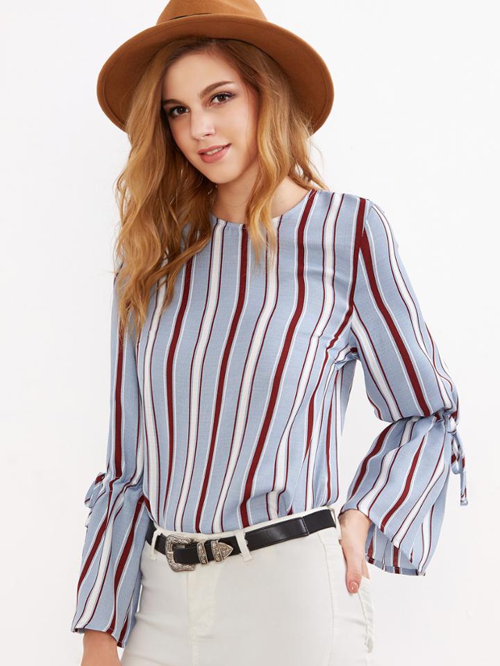 Shein Blue Vertical Striped Drawstring Sleeve Blouse