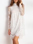 Shein White Frill Neck Sheer Mesh Lace Dress