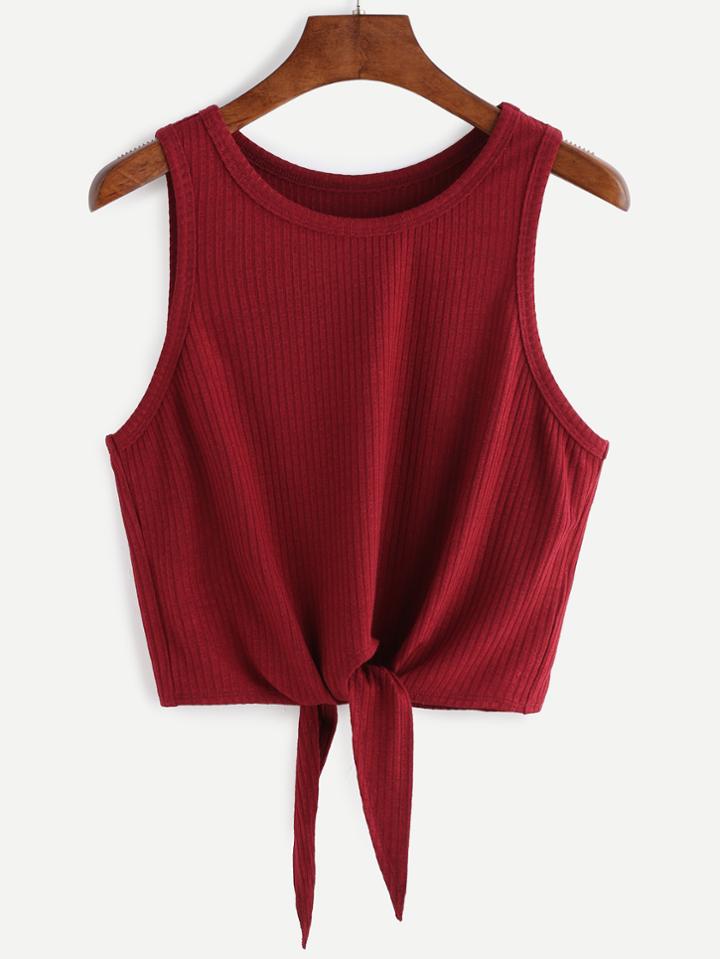 Shein Burgundy Tie Front Ribbed Crop Tank Top