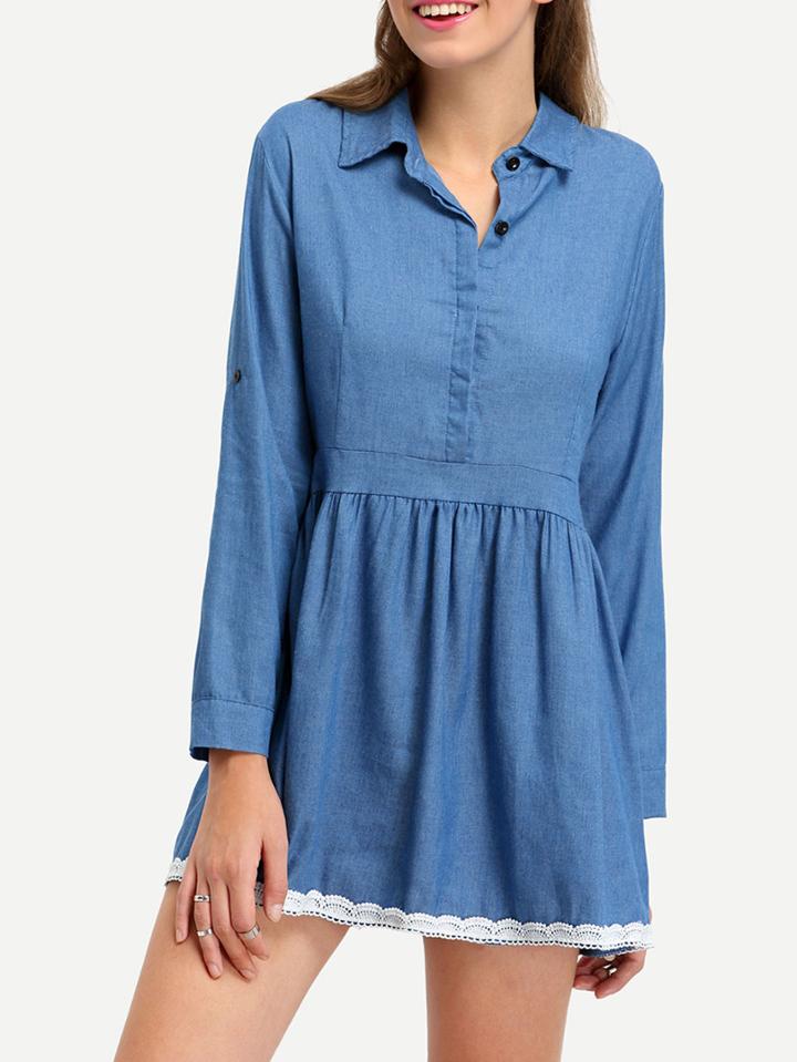 Shein Lace Trimmed Rolled Sleeve Denim Dress
