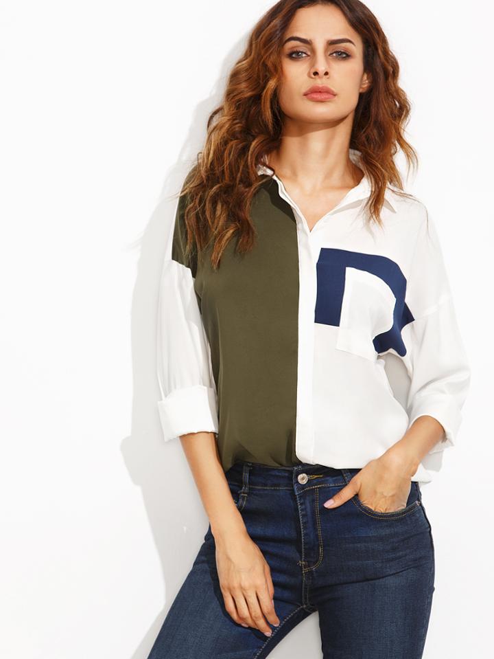 Shein Color Block Lapel Pocket Long Sleeve Blouse
