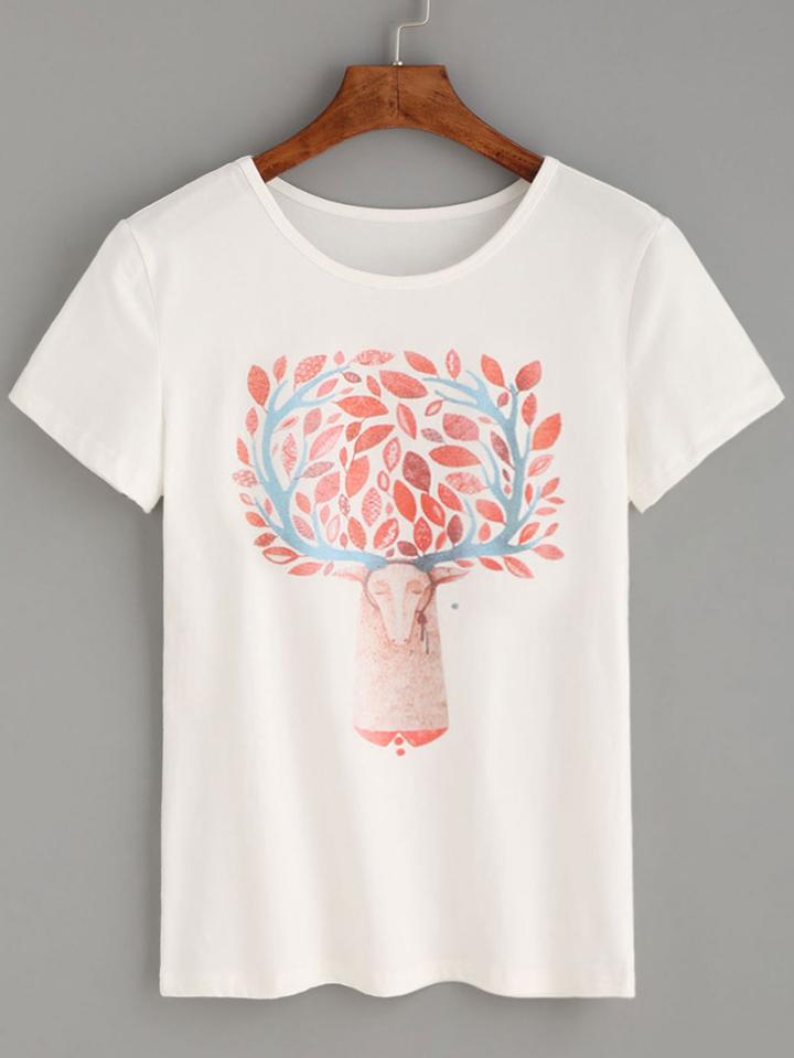 Shein White Goat Leaves Print T-shirt
