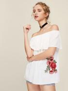 Shein Embroidered Flower Applique Frill Bardot Top
