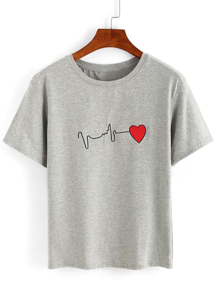 Shein Ecg Wave Embroidered T-shirt