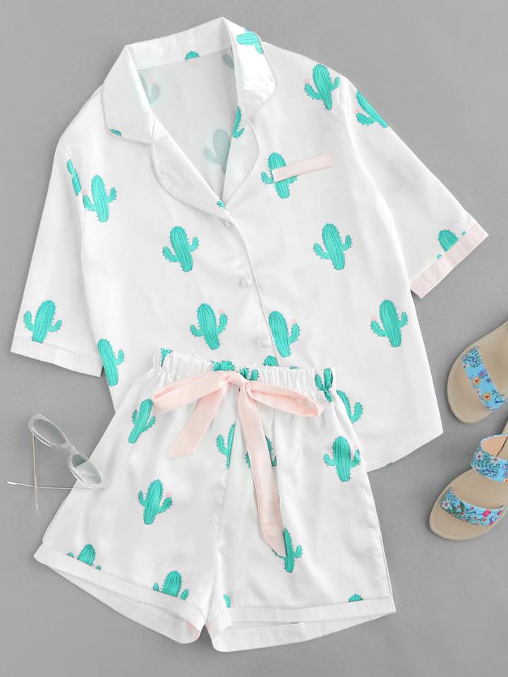 Shein Cactus Print Tie Waist Pajama Set
