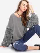 Shein Faux Fur Sleeve Ribbed Knit Sweatshirt