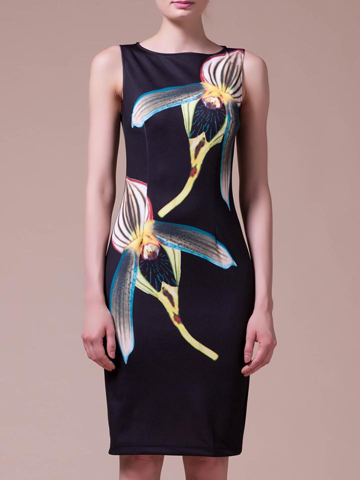 Shein Black Sleeveless Print Knee Length Sheath Dress
