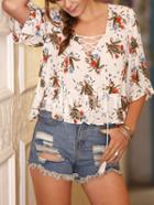 Shein White Floral Print Lace-up Blouse