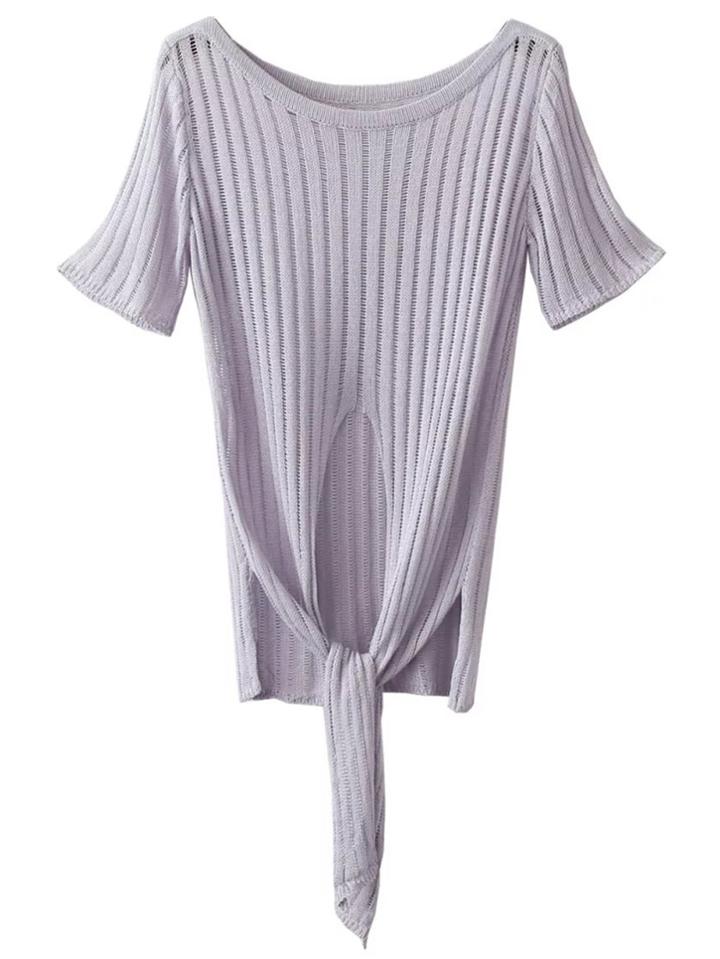 Shein Purple Round Neck Self Tie Slim T-shirt