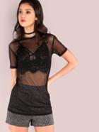 Shein Short Sleeve Mesh Tee Black