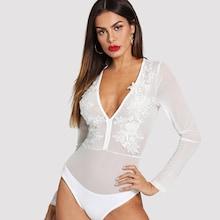 Shein Lace Appliques Deep V Neck Bodysuit