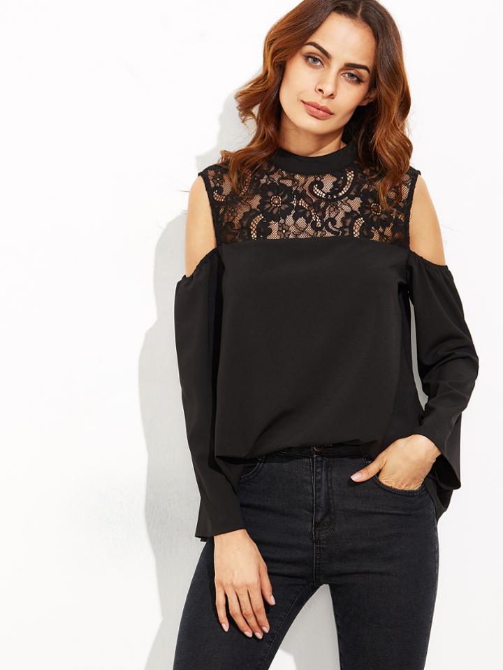 Shein Black Lace Illusion Neckline Open Shoulder Top