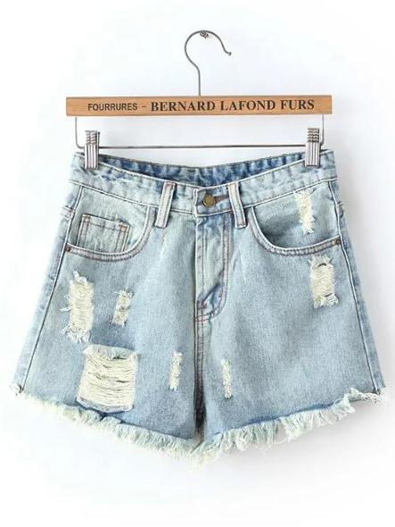Shein Blue Ripped Tassel Denim Shorts