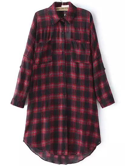Shein Red Long Sleeve Plaid Ruched Pockets Shirt Dress