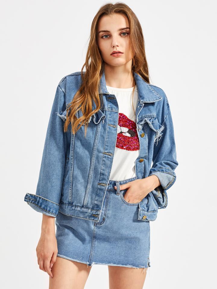 Shein Raw Edge Frill Trim Denim Jacket