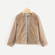 Shein Girls Jacquard Tape Detail Zip Up Teddy Jacket