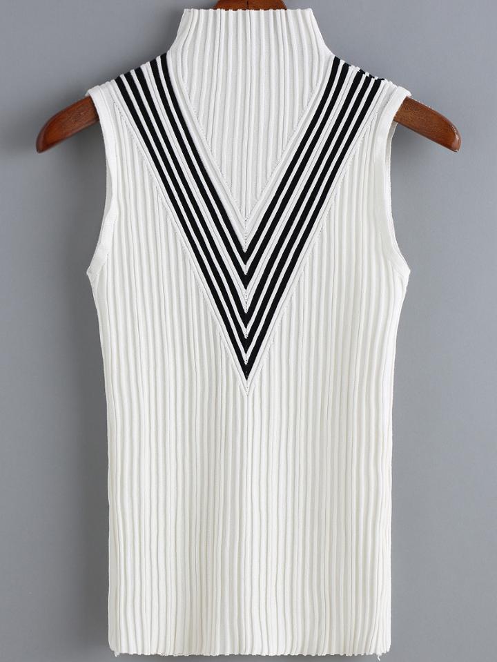Shein White High Neck V Striped Knitwear