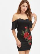 Shein Flutter Sleeve 3d Rose Applique Sweetheart Bardot Dress