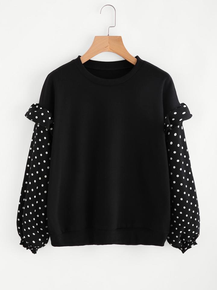 Shein Frill Trim Dotted Sleeve Sweatshirt